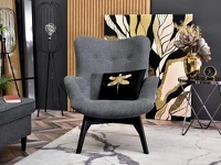 Fotel uszak tapicerowany FLORI GRAFITOWY CZARNE NOGI - w aranżacji z pufą MALMO